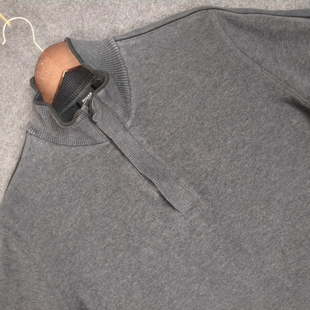 Hugo Boss Mens L Regular Fit Mock Neck Quarter Button Pullover Sweater Gray